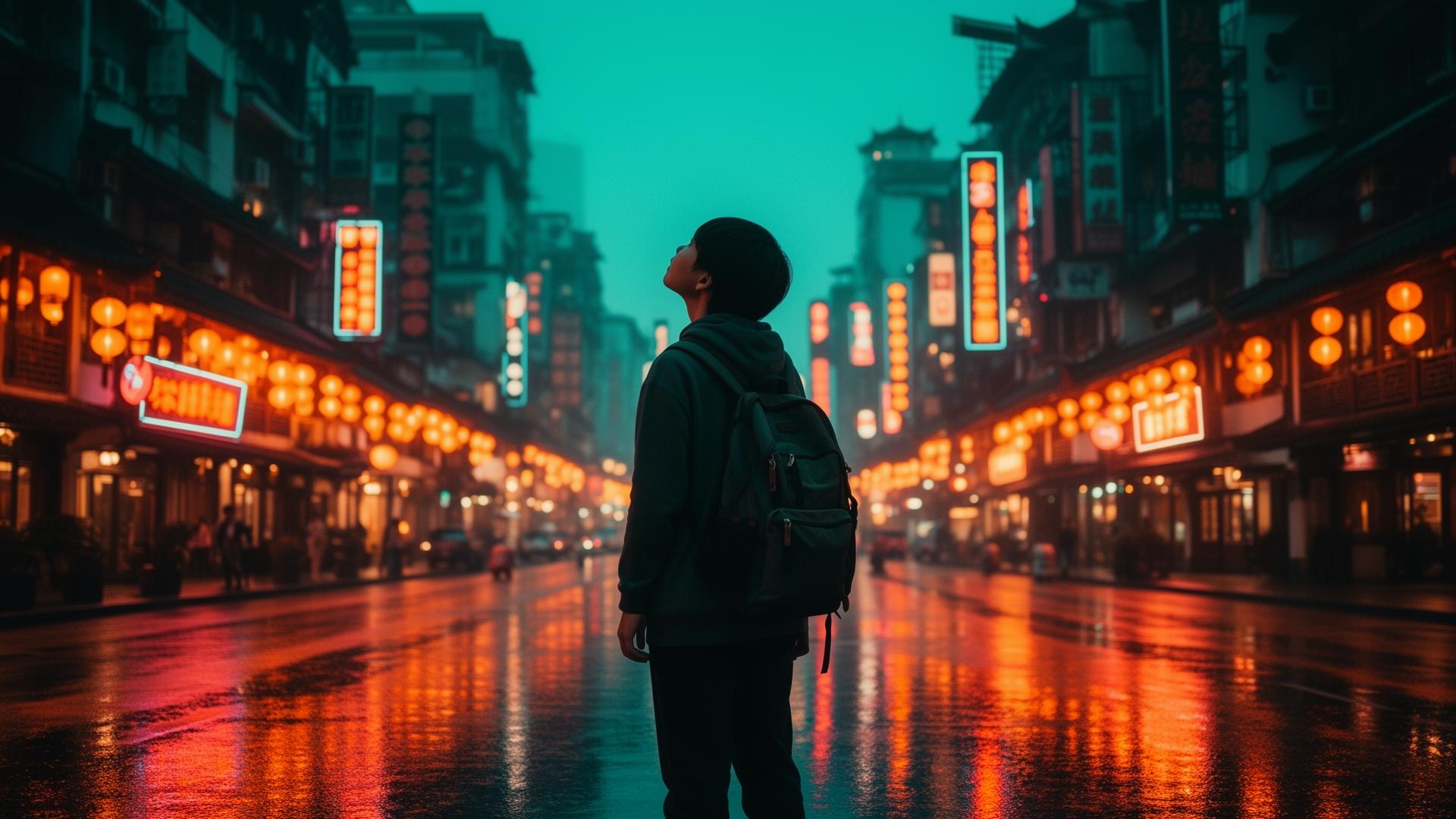 A traveler exploring a glowing Asian city street at dusk