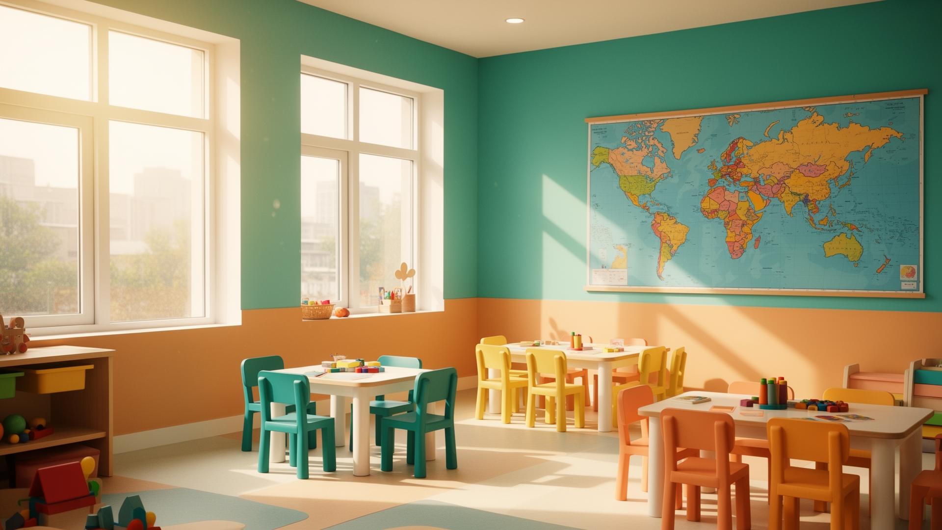 Bright modern classroom with a world map