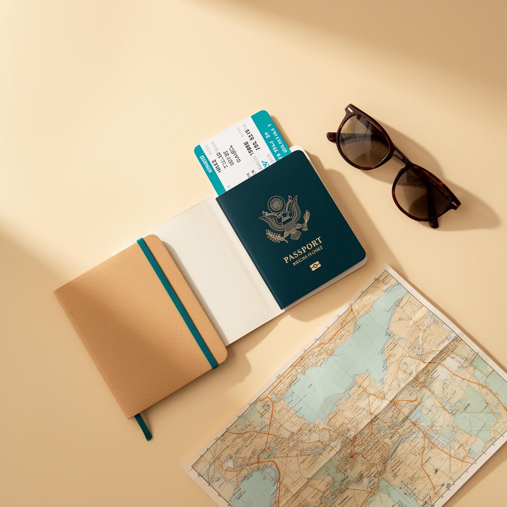 Open passport, boarding pass and a map